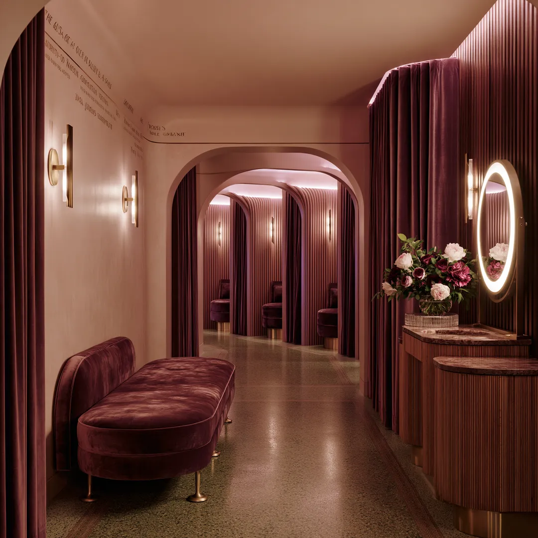 Inside a Phaarzz parlour — an intimate members' lounge in blush pink and plum, arched doorways leading to private pods